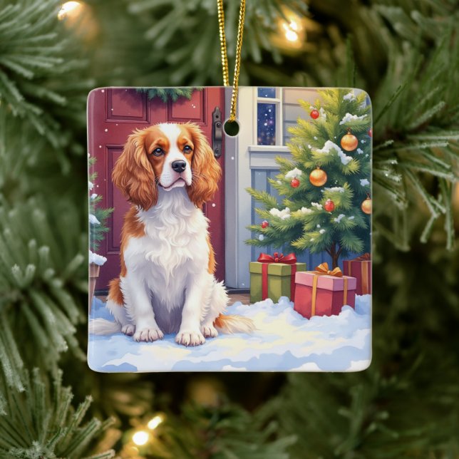Cavalier King Charles Spaniel Snowy Christmas Ceramic Ornament (Tree)