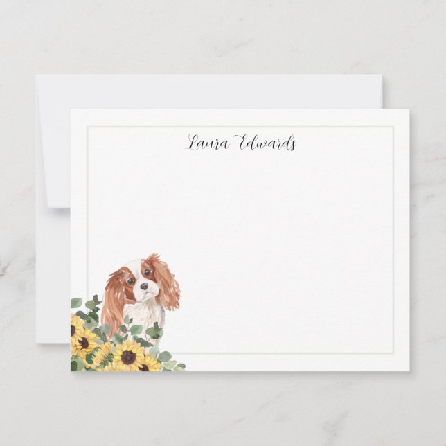 Cavalier King Charles Spaniel Sunflower Eucalyptus Note Card (Front)