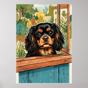 Cavalier King Charles Spaniel Window Vintage Illus Poster