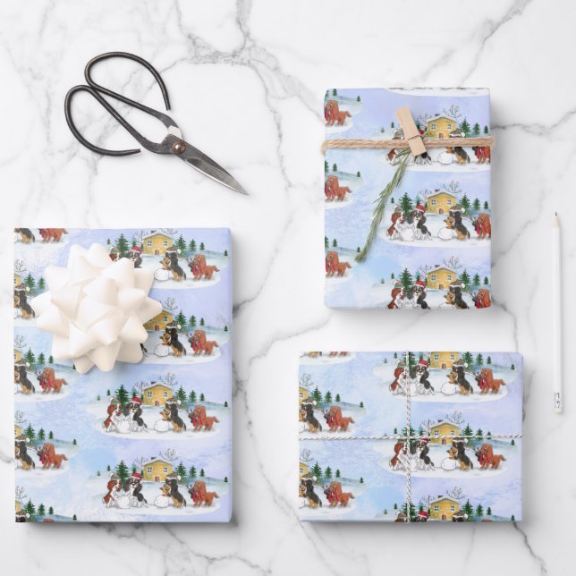 Cavalier King Charles Spaniel Winter Holiday Wrapping Paper Sheets (Front)