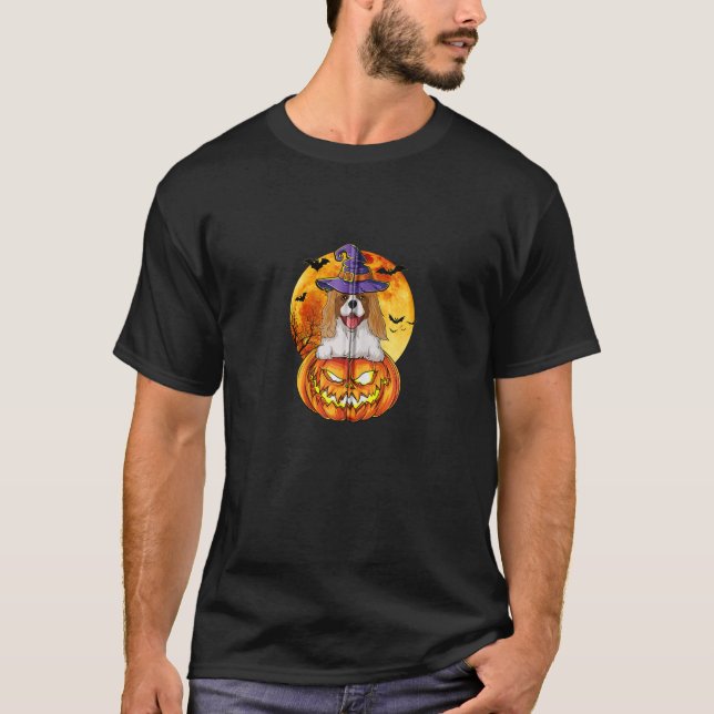 Cavalier King Charles Spaniel Witch Pumpkin Hallow T-Shirt (Front)