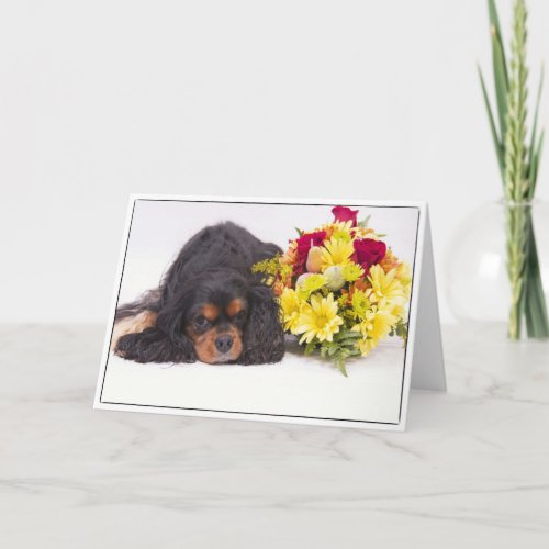 Cavalier King Charles Spaniel With Autumn Flowers Card