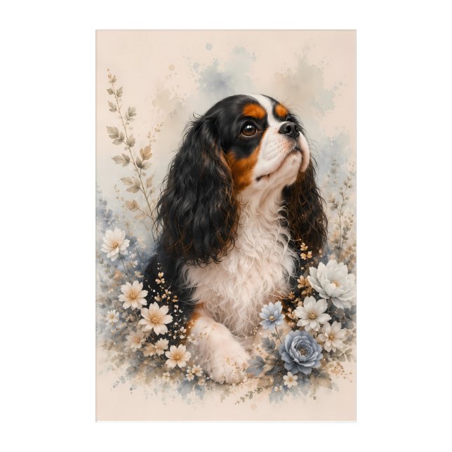 Cavalier King Charles Spaniel with Blue Flowers |  Acrylic Print (Front)