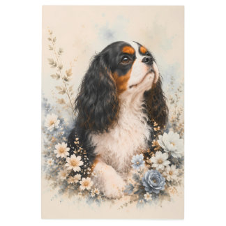 Cavalier King Charles Spaniel with Blue Flowers | Metal Print