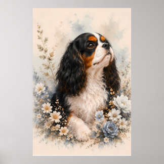 Cavalier King Charles Spaniel with Blue Flowers | Poster