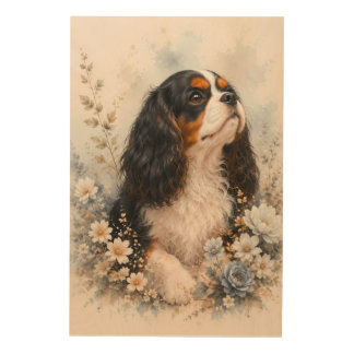 Cavalier King Charles Spaniel with Blue Flowers | Wood Wall Art
