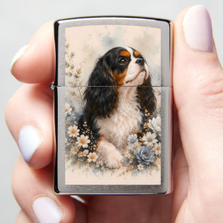 Cavalier King Charles Spaniel with Blue Flowers | Zippo Lighter