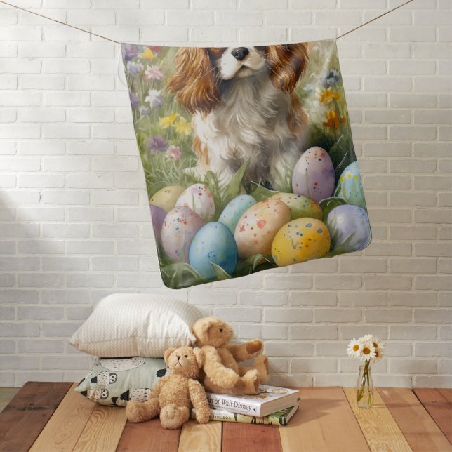Cavalier King Charles Spaniel with Easter Eggs Baby Blanket (In Situ)