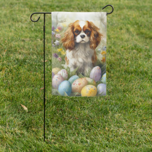 Cavalier King Charles Spaniel with Easter Eggs Garden Flag