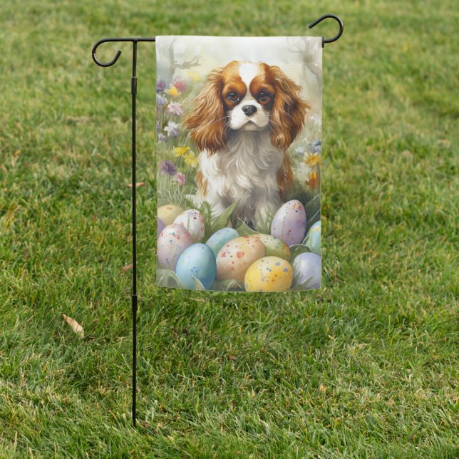 Cavalier King Charles Spaniel with Easter Eggs Garden Flag (In SItu)