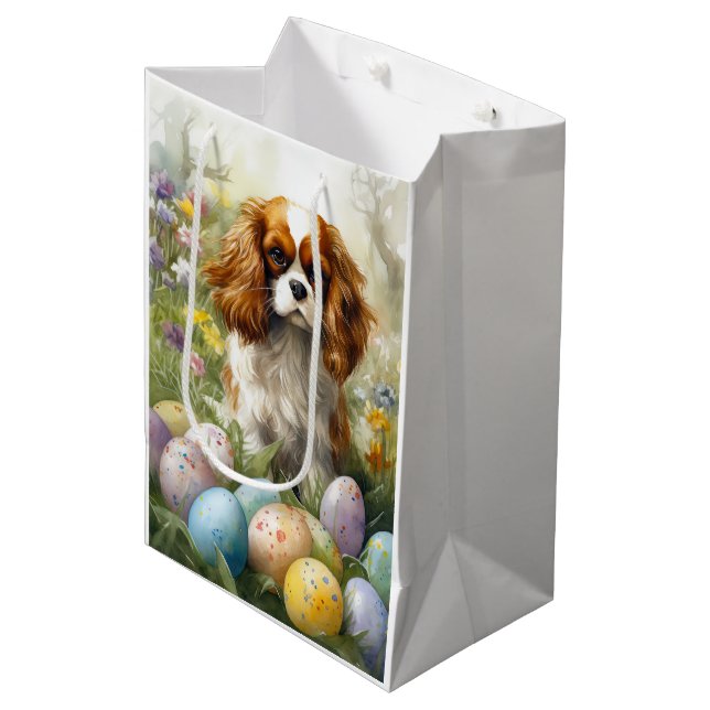 Cavalier King Charles Spaniel with Easter Eggs Medium Gift Bag (Front Angled)