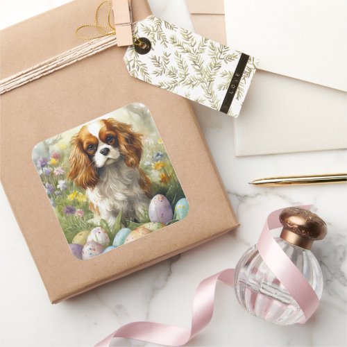 Cavalier King Charles Spaniel with Easter Eggs Square Sticker