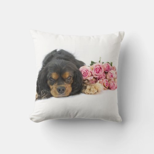 Cavalier King Charles Spaniel With Pink Roses Throw Pillow