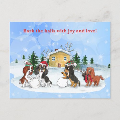 Cavalier King Charles Spaniels Building a Snowman Holiday Postcard