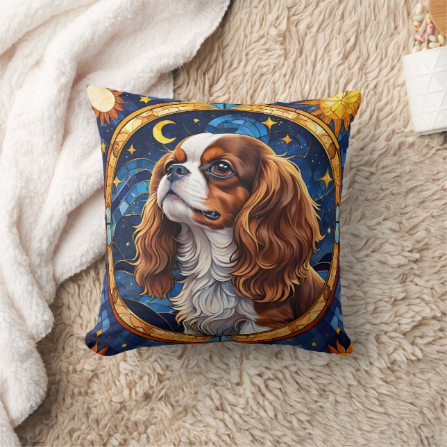 Cavalier King Charles Stained Glass Night Sky Moon Throw Pillow (Blanket)