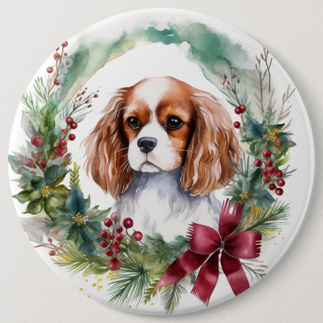 Cavalier King Christmas Wreath Festive Pup  Button (Front)