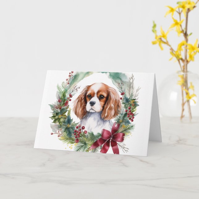 Cavalier King Christmas Wreath Festive Pup  Card (Yellow Flower)