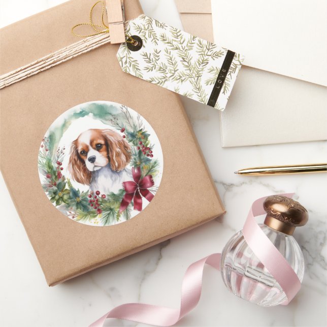 Cavalier King Christmas Wreath Festive Pup  Classic Round Sticker (Gifting)