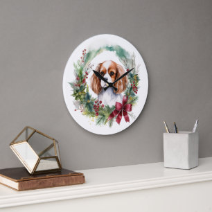Cavalier King Christmas Wreath Festive Pup Large Clock