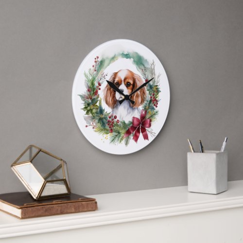 Cavalier King Christmas Wreath Festive Pup  Large Clock