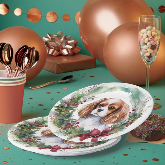 Cavalier King Christmas Wreath Festive Pup  Paper Plates (Multi)