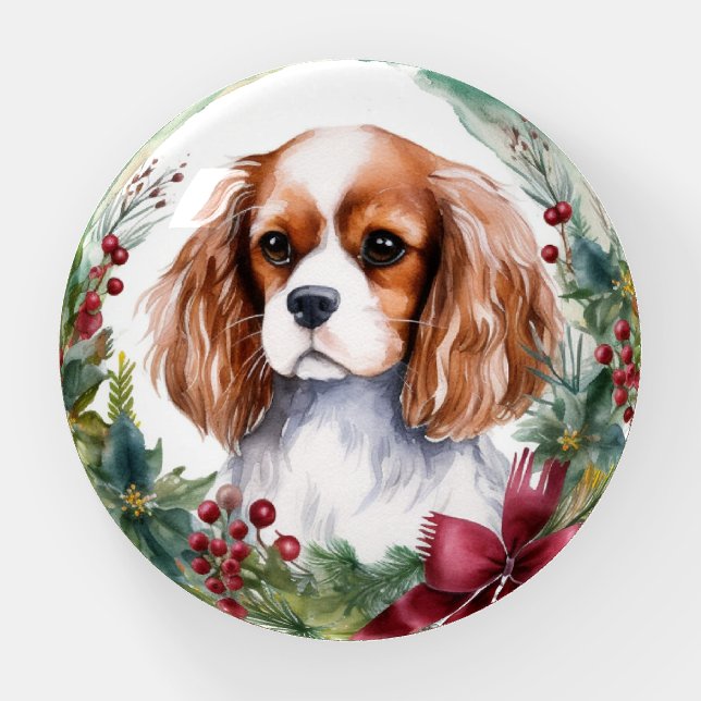 Cavalier King Christmas Wreath Festive Pup  Paperweight (Front)