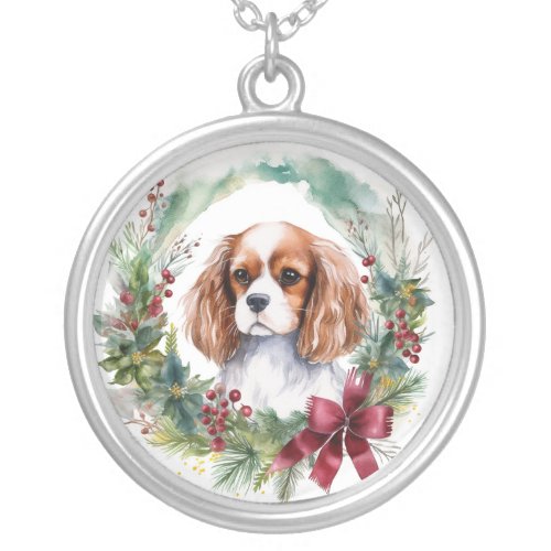 Cavalier King Christmas Wreath Festive Pup  Silver Plated Necklace