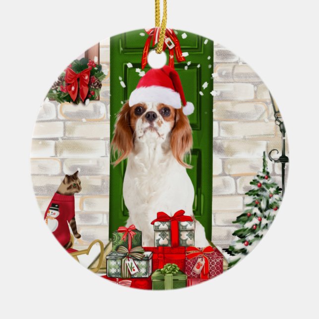 Cavalier King Dog Christmas  Ceramic Ornament (Front)