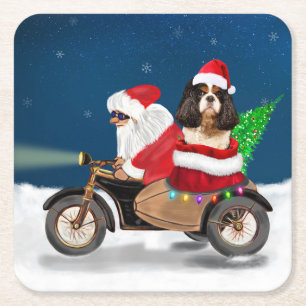 Cavalier King Dog Christmas Santa Claus Square Paper Coaster