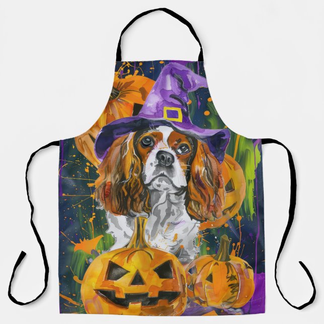 Cavalier King Dog Halloween Witch And Pumpkin Apron (Front)