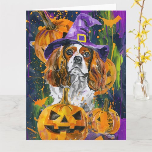 Cavalier King Dog Halloween Witch And Pumpkin Card