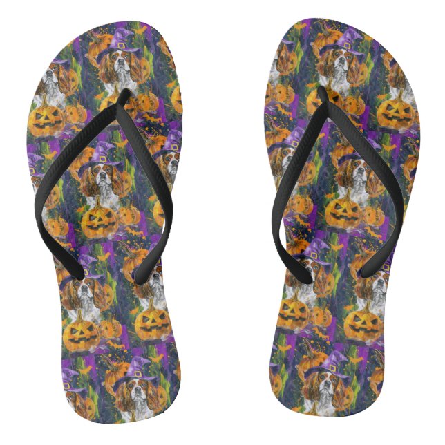 Cavalier King Dog Halloween Witch And Pumpkin Flip Flops (Footbed)
