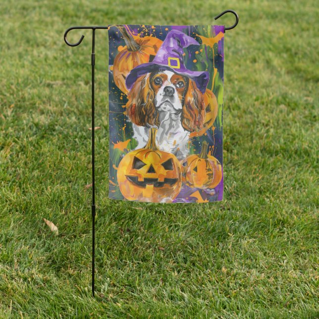 Cavalier King Dog Halloween Witch And Pumpkin Garden Flag (In SItu)