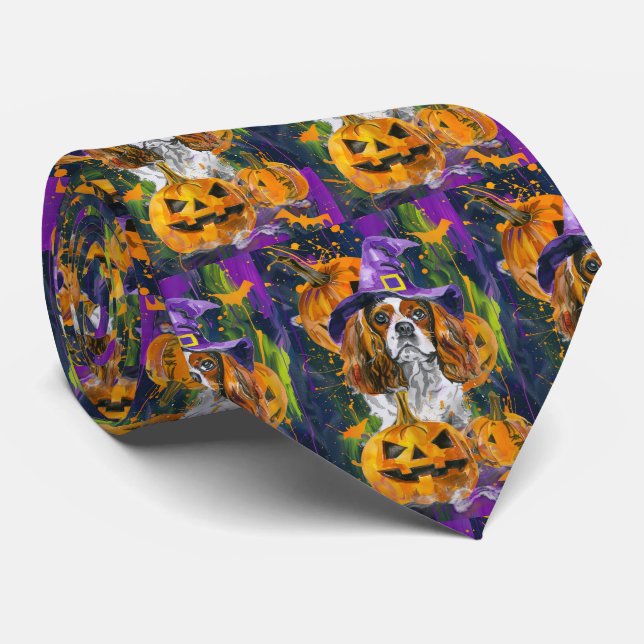 Cavalier King Dog Halloween Witch And Pumpkin Neck Tie (Rolled)