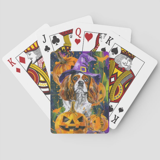 Cavalier King Dog Halloween Witch And Pumpkin Poker Cards (Back)