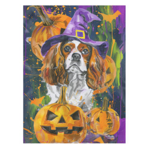 Cavalier King Dog Halloween Witch And Pumpkin Tablecloth