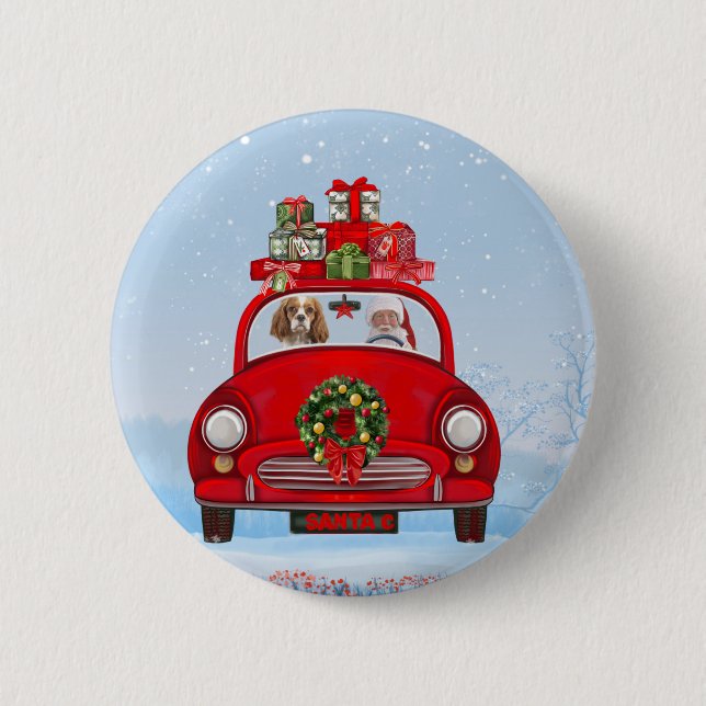 Cavalier King Dog In Car With Santa Claus  Button (Front)