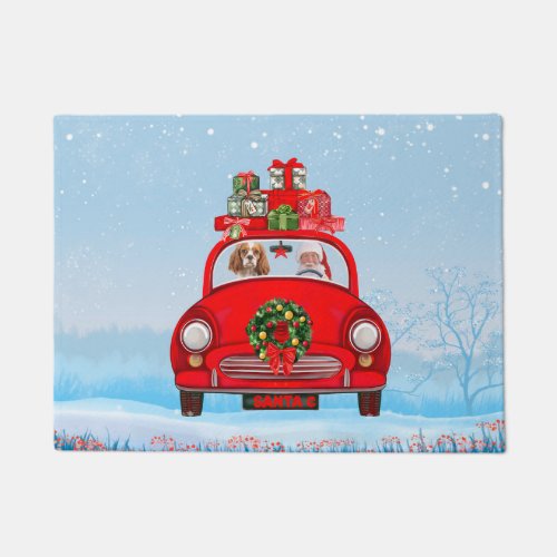 Cavalier King Dog In Car With Santa Claus Doormat