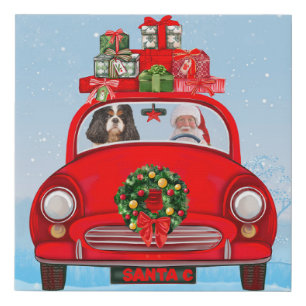 Cavalier King Dog In Car With Santa Claus Faux Canvas Print