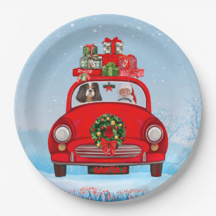 Cavalier King Dog In Car With Santa Claus Paper Plates