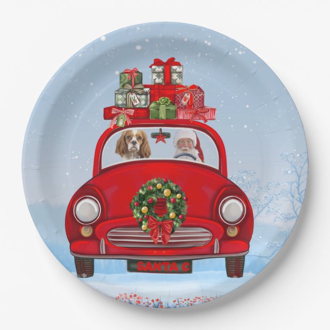 Cavalier King Dog In Car With Santa Claus  Paper Plates (Front)