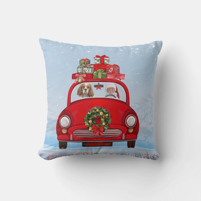 Cavalier King Dog In Car With Santa Claus  Throw Pillow (Front)