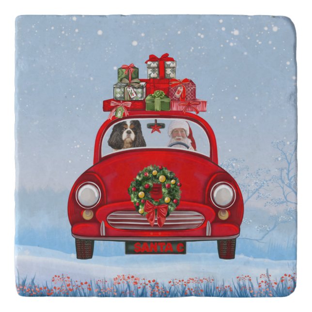 Cavalier King Dog In Car With Santa Claus Trivet (Front)