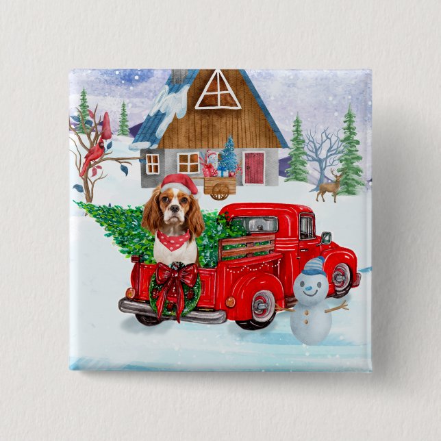 Cavalier King Dog In Christmas Delivery Truck Snow Button (Front)