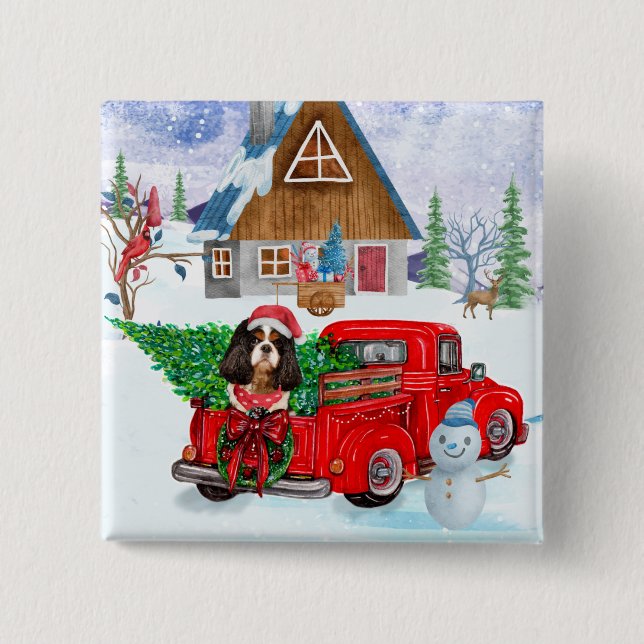 Cavalier King Dog In Christmas Delivery Truck Snow Button (Front)
