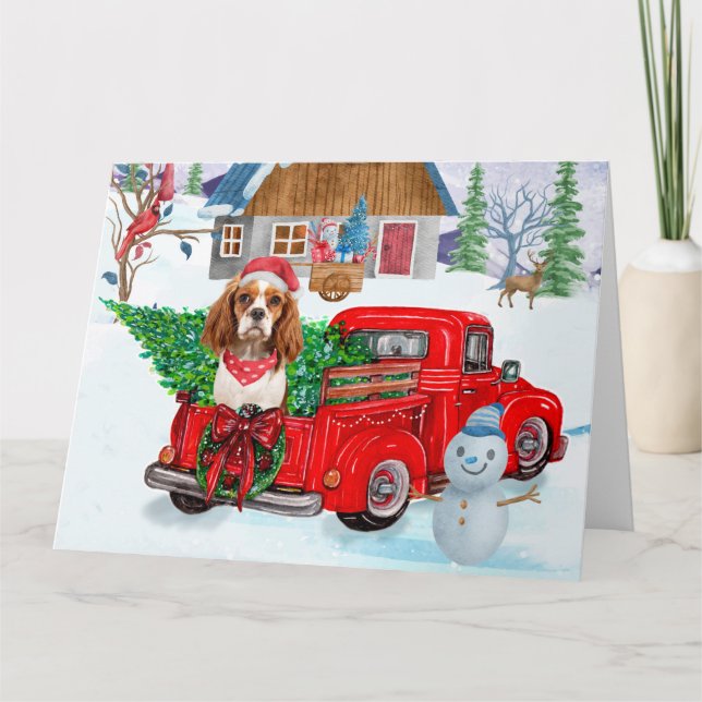 Cavalier King Dog In Christmas Delivery Truck Snow Card (Front)