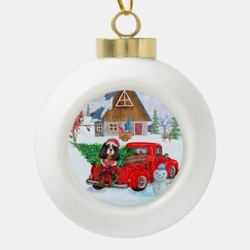 Cavalier King Dog In Christmas Delivery Truck Snow Ceramic Ball Christmas Ornament