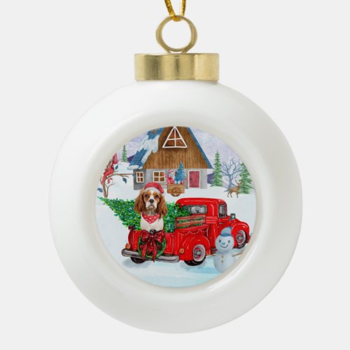 Cavalier King Dog In Christmas Delivery Truck Snow Ceramic Ball Christmas Ornament