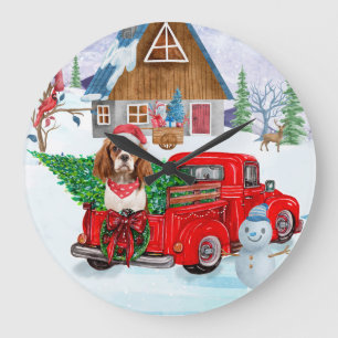 Cavalier King Dog In Christmas Delivery Truck Snow Large Clock