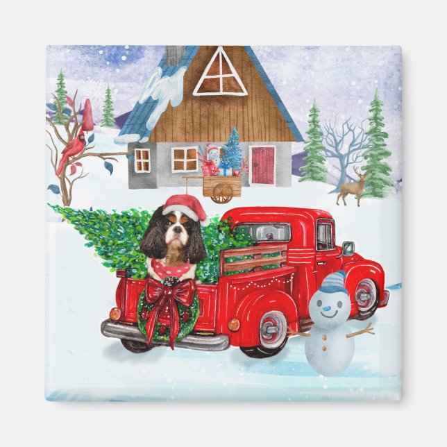 Cavalier King Dog In Christmas Delivery Truck Snow Magnet (Front)